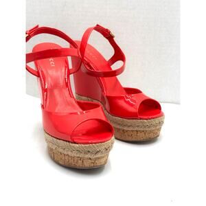 Gucci Coral Red Patent Leather Holie Wedge Sandals Designer Luxury Heels EU 37
